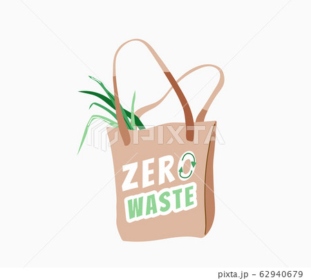 Zero waste. Store bag with green product and motivational type lettering quote text. Ecology poster for eco friendly lifestyle. Vector illustration isolated on white 62940679