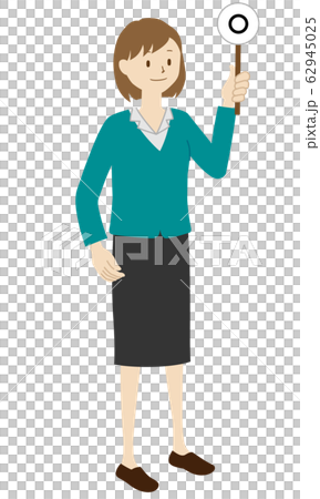 Illustration of a female office worker standing (raising the correct answer tag) 62945025