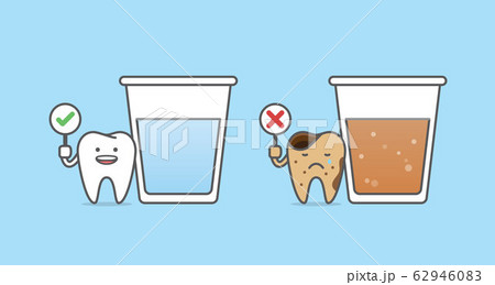 Dental cartoon of a healthy tooth with glass of water and a caries tooth with glass of soda drink illustration cartoon character vector design on blue background.  Dental care concept. 62946083