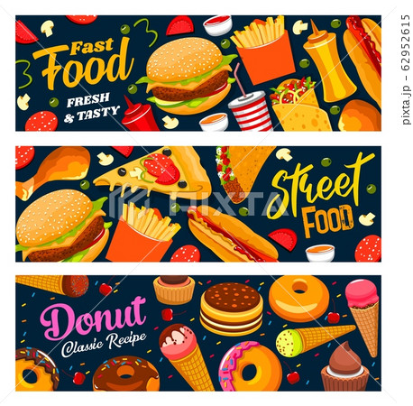 Fastfood, street food burgers, drinks and donuts Fastfood, street food burgers, drinks and donuts 62952615