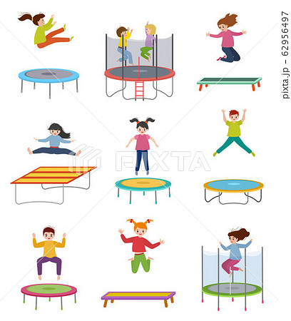 Children jumps on trampolines vector illustrations, active happy kids, child jumping, girl and boy playing isolated on white background 62956497