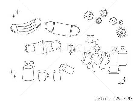 予防 ウイルス 風邪 花粉症 アイコン セット モノクロのイラスト素材