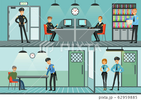 Police Department Interior, Policemen Working and Questioning Suspects in Police Station Vector Illustration 62959885
