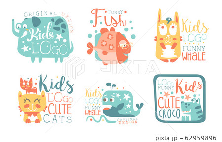 Collection of Kids Logo Design Templates with Cute Funny Animals, Childish Hand Drawn Badges Vector Illustration 62959896