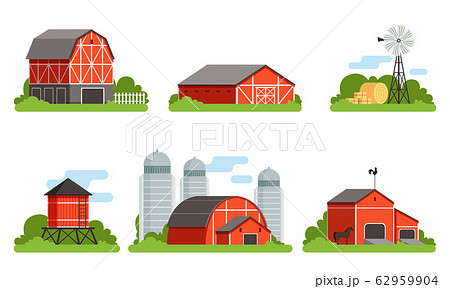 Agricultural Buildings Collection, Countryside Life and Industrial Objects, Farm House, Barn, Silo Towers Vector Illustration 62959904