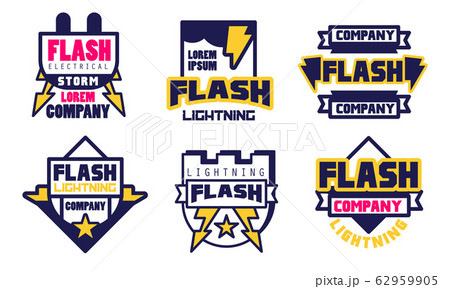 Flash Lightning Logo Templates Collection, Electrical Storm Company Bright Badges Vector Illustration on White Background 62959905