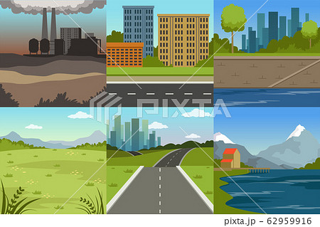 Collection of Sceneries of Urban and Natural Landscapes, Summer Backgrounds with River, Road, Industrial Plant and City Buildings Vector Illustration Collection of Sceneries of Urban and Natural Landscapes, Summer Backgrounds with River, Road, Industrial Plant and City Buildings Vector Illustration 62959916