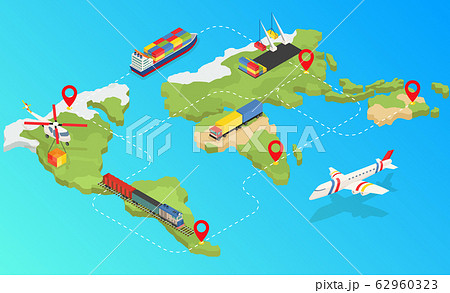 Global logistics network 3d isometric vector illustration Set of air cargo trucking, rail transportation maritime shipping. On-time delivery Vehicles designed to carry large numbers cargo 62960323