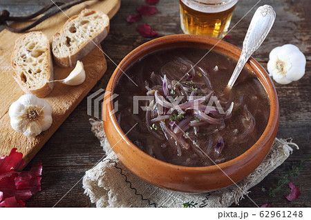 French authentic cuisine. Red onion beer soup French authentic cuisine. Red onion beer soup 62961248