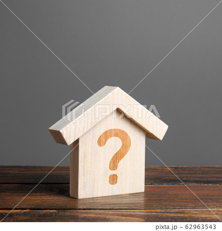 House with a question mark. Cost estimate. Solving housing problems, deciding buy or rent real estate. Search for options, choice type of residential buildings. Property price valuation evaluation House with a question mark. Cost estimate. Solving housing problems, deciding buy or rent real estate. Search for options, choice type of residential buildings. Property price valuation evaluation 62963543