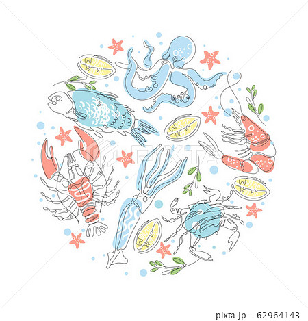 Lobster, fish, crab, shrimp, octopus, squid. Seafood. Circular composition. 62964143