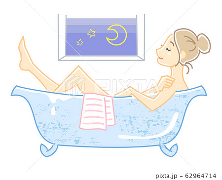 お風呂に入る若い女性 バスタブに入ってリラックス 夜 のイラスト素材