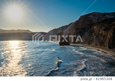 Fyriplaka beach on sunset, Milos island, Cyclades, Greece Fyriplaka beach on sunset, Milos island, Cyclades, Greece 62965308