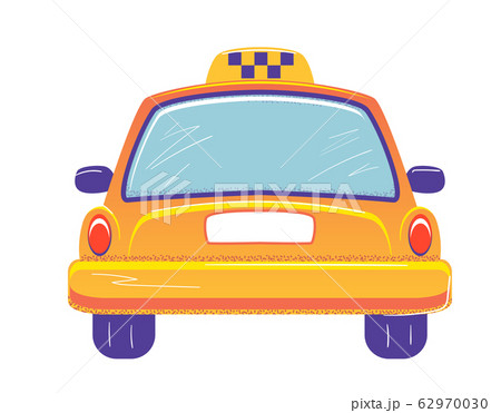 Taxi cab back view Flat banner template on white background. Empty space for number. Yellow auto car vector illustration. Isolated transportation service sign. Rearview concept 62970030