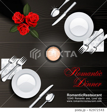 Dark wooden table served for a couple with a burning candle, two plates, knives, forks, spoons, napkins and a bunch of roses. Romantic dinner, rendezvous, meeting, love concept. Vector square composit 62972543