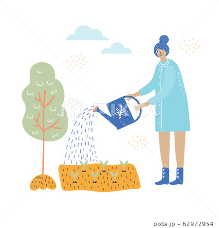 girl works in the garden with plants and water can vector illustration 62972954