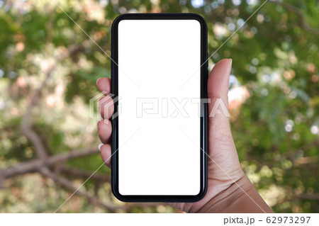 Close-up hand holding phone vertical, Using smart phone with blurred background of trees, home and garden- copy space Close-up hand holding phone vertical, Using smart phone with blurred background of trees, home and garden- copy space 62973297