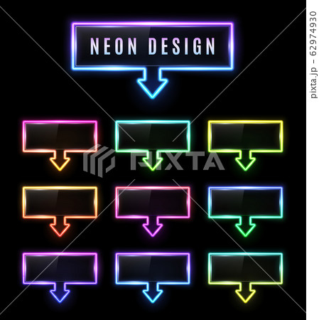 Neon rectangle arrow pointer set with color gradient on black background. Light arrows symbol. Glowing illuminated lamp frame with glossy plastic plate for bar cafe store. Bright vector illustration. Neon rectangle arrow pointer set with color gradient on black background. Light arrows symbol. Glowing illuminated lamp frame with glossy plastic plate for bar cafe store. Bright vector illustration. 62974930