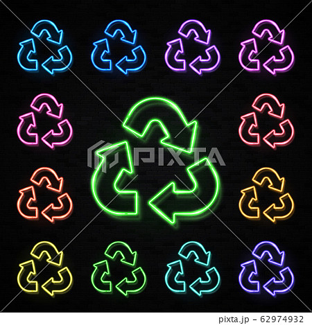 Color neon recycle symbol set isolated on black background. The universal recycling logo. Glowing triangle arrow icon. Reuse paper ecology sign. Ecological waste concept Bright eco vector illustration 62974932