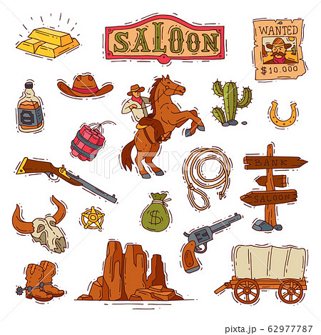 Wild west vector western cowboy or sheriff in wildlife desert with cactus illustration wildly character in hat with gun on rodeo set isolated on white background 62977787