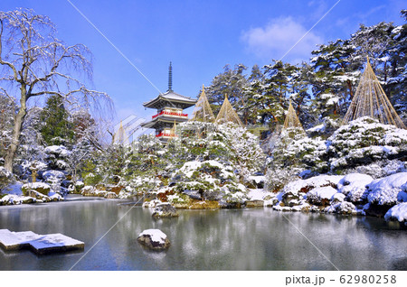 曹洞宗金剛宝山輪王寺の日本庭園　三重塔と雪吊り 62980258
