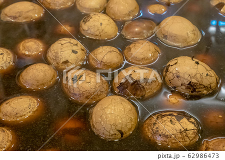 The close up of Taiwanese boiled tea eggs at Taiwan night market in Taipei. 62986473