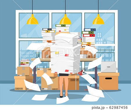 Stressed businesswoman holds pile papers Stressed businesswoman holds pile papers 62987456