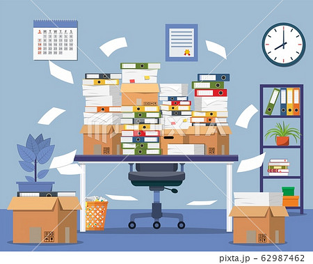Pile of paper documents and file folders on table 62987462