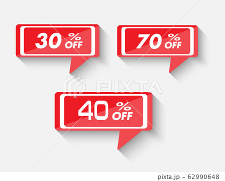 Sale and discount labels. Price off tag icon. 30, 40, 70 percent sale. Vector illustration. Sale and discount labels. Price off tag icon. 30, 40, 70 percent sale. Vector illustration. 62990648