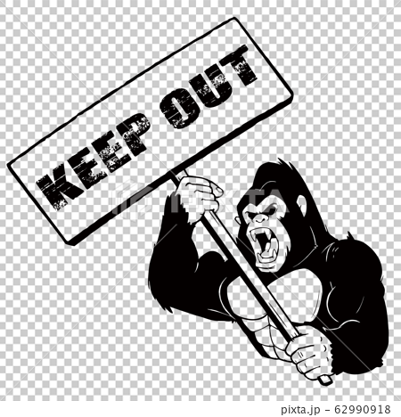 Keep Outのプラカードを持つリアルなゴリラのイラスト 白黒のイラスト素材