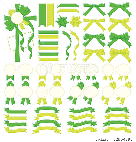 緑と黄緑のリボンのバリエーションセット 線画 パステルカラーのイラスト素材