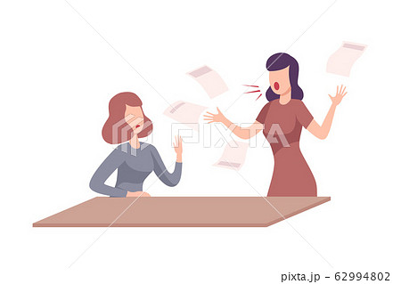 Female Boss Threatening and Yelling to Female Office Worker, Frightened Employee Shocked by Furious Manager, Stressful Working Environment Flat Vector Illustration Female Boss Threatening and Yelling to Female Office Worker, Frightened Employee Shocked by Furious Manager, Stressful Working Environment Flat Vector Illustration 62994802