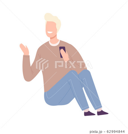Young Man Using Smartphone, Smiling Guy Sitting on the Floor and Communicating People Flat Vector Illustration 62994844