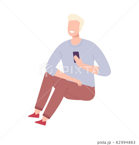 Young Man with Modern Digital Gadget, Guy Sitting on the Floor and Communicating People Flat Vector Illustration 62994863