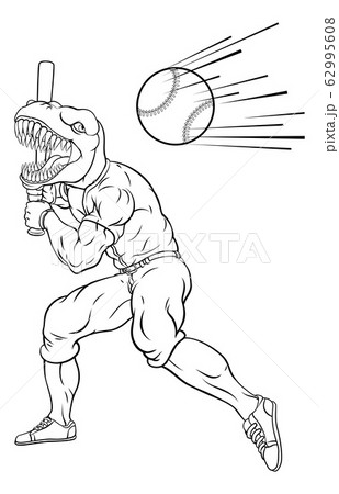 Dinosaur Baseball Player Mascot Swinging Batのイラスト素材