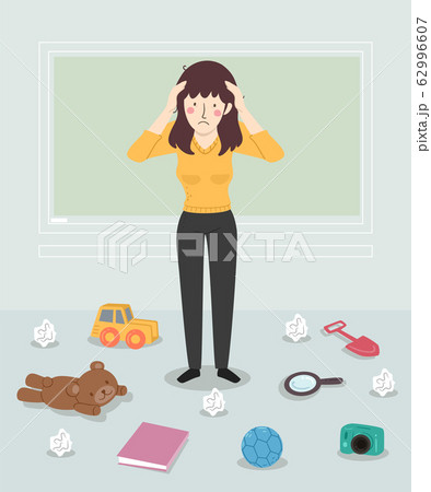 Girl Teacher Stressed Classroom Mess Illustration 62996607