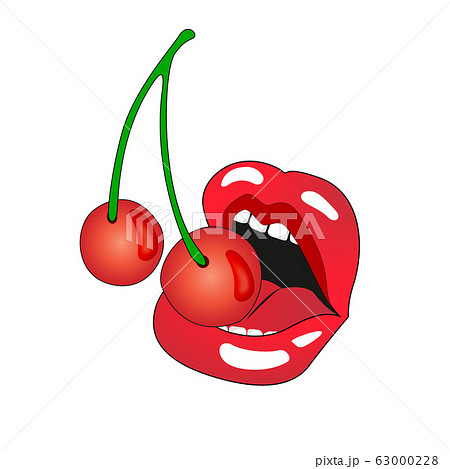 Female sexy red lips with a juicy cherry. Vector 63000228