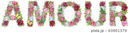 Word AMOUR of watercolor flowers for decoration 63001379