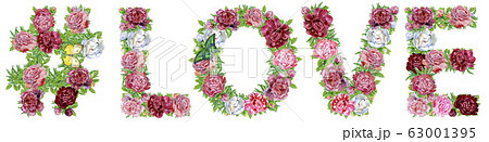 Hashtag sign with word LOVE of watercolor flowers 63001395