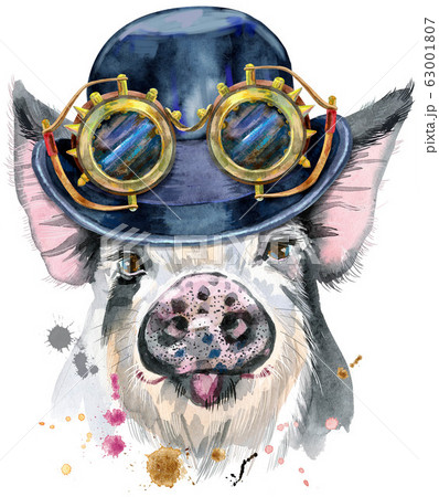 Watercolor portrait of pig with hat bowler and Watercolor portrait of pig with hat bowler and 63001807