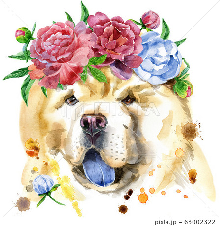 Watercolor portrait of chow-chow dog in a wreath 63002322