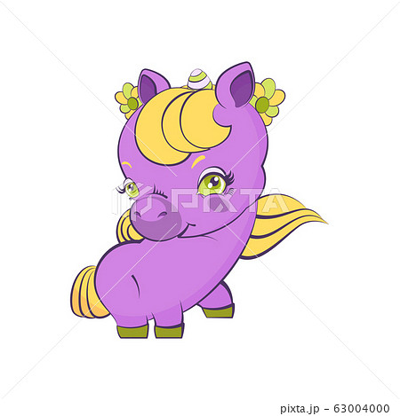 Cute violet little girl unicorn with yellow hair Cute violet little girl unicorn with yellow hair 63004000