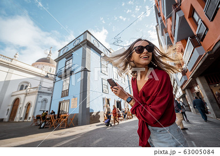 Woman traveling the old town in La Laguna city on Tenerife island, Spain 63005084