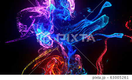 injection of fluorescent ink in water isolated on black background. 3d render of glow particles or sparks like shiny magic spell. Fantastic background for festive event. Blue red purple mix 4 63005261