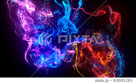 injection of fluorescent ink in water isolated on black background. 3d render of glow particles or sparks like shiny magic spell. Fantastic background for festive event. Blue red purple mix 2 63005265