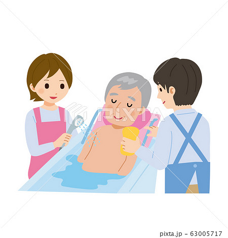 お風呂に入る高齢者 男性 入浴 介護士 イラストのイラスト素材
