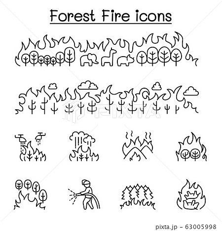 Wildfire, forest fire icon set in thin line style Wildfire, forest fire icon set in thin line style 63005998