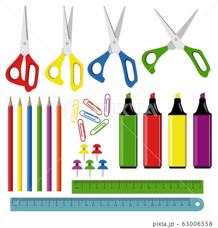 Assortment of stationery set ruler pencils, markers , and other objects, isolated on white background 63006558