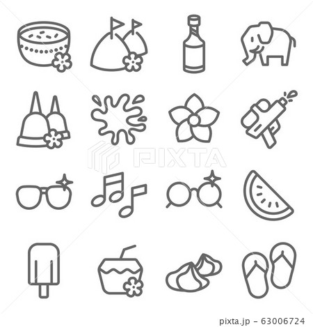 Songkran Festival set vector illustration. Contains such icon as Bangkok water festival, Coconut, Music, Water splash and more. Expanded Stroke Songkran Festival set vector illustration. Contains such icon as Bangkok water festival, Coconut, Music, Water splash and more. Expanded Stroke 63006724