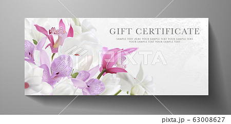 Gift certificate, voucher design for VIP invite. White background with fresh orchid, magnolia flowers bouquet. Beautiful vector template useful for wedding card, elegant anniversary invitation Gift certificate, voucher design for VIP invite. White background with fresh orchid, magnolia flowers bouquet. Beautiful vector template useful for wedding card, elegant anniversary invitation 63008627
